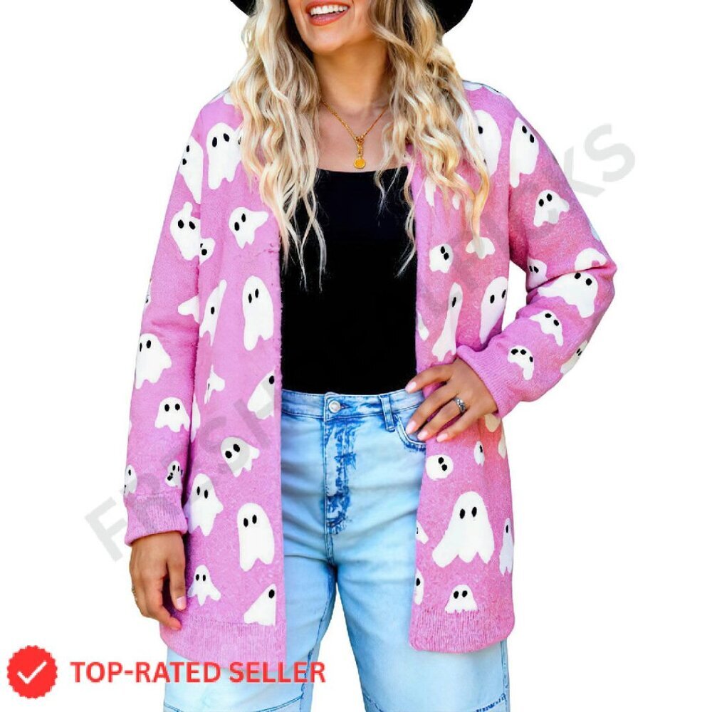 Ghost Print Furry Knit Cardigan Oversized Y2K Chic Fall Winter Sweater